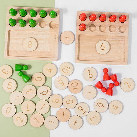 Wooden early education math manipulative set with 10-grid board for addition, subtraction, multiplication, and division