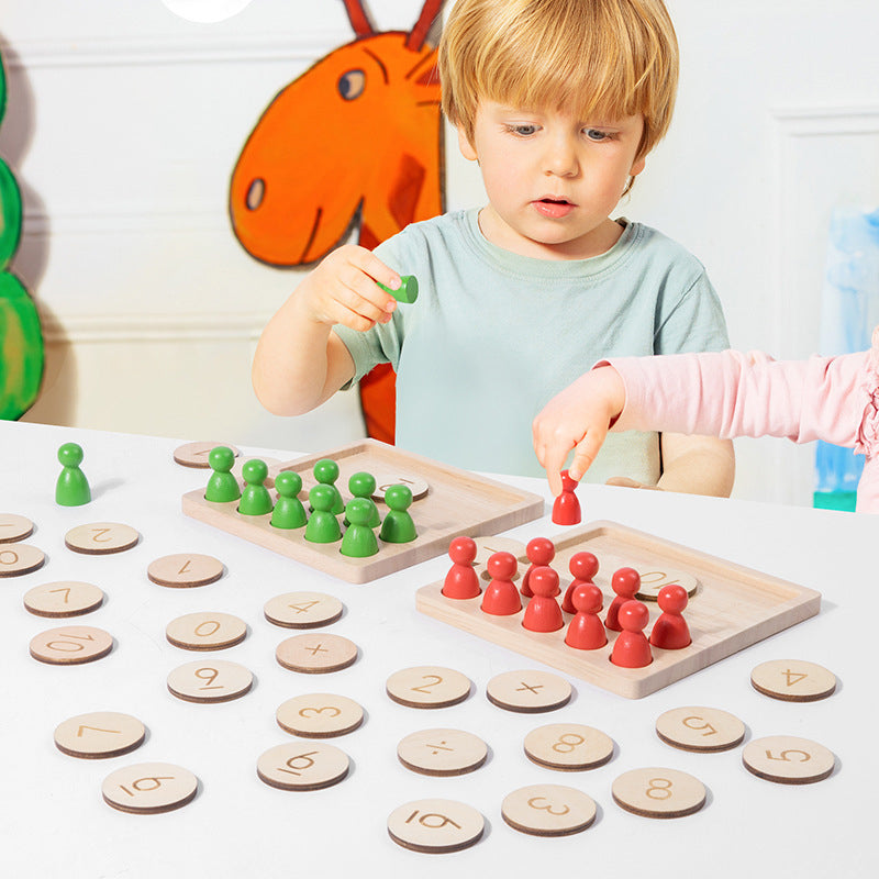 Wooden early education math manipulative set with 10-grid board for addition, subtraction, multiplication, and division