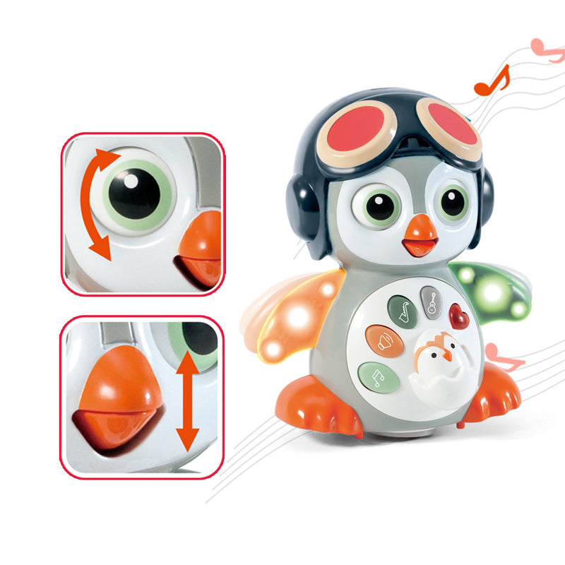 Children's electric toy with music, swaying function, penguin design, flashing lights, multi-directional movement ¨C perfect for pets, babies, and early education