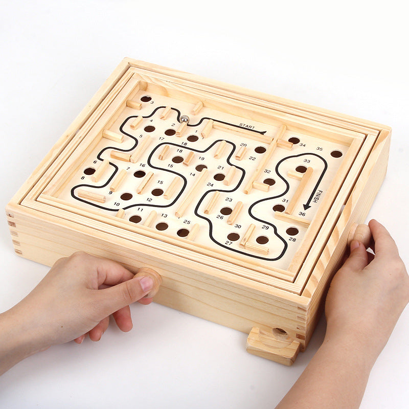 Children's wooden interactive adult-tabletop balancing ball game, intelligent track bead-moving hand-cranked maze puzzle toy