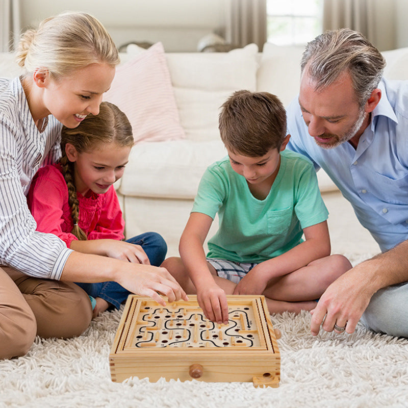 Children's wooden interactive adult-tabletop balancing ball game, intelligent track bead-moving hand-cranked maze puzzle toy