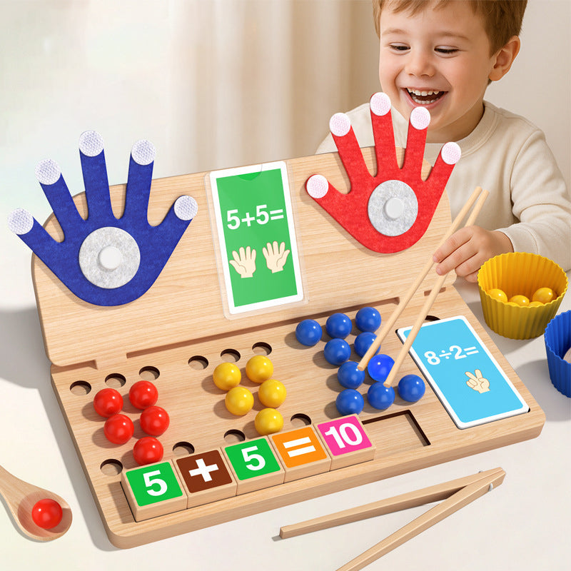 Children's wooden math manipulatives with finger counting, addition/subtraction, cognitive board, and bead arithmetic for educational math learning