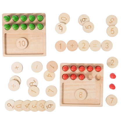 Wooden early education math manipulative set with 10-grid board for addition, subtraction, multiplication, and division