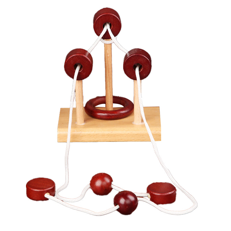 Children's educational wooden puzzle toy: single-post rope-unlocking game