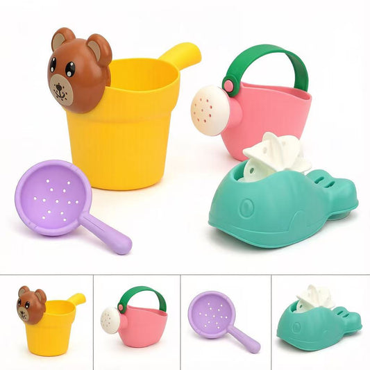 Little Bear Children's Bathing and Water Play 4-Piece Set: Shower Sprayer, Soft Rubber Water Bottle Set, Beach Bucket Toy