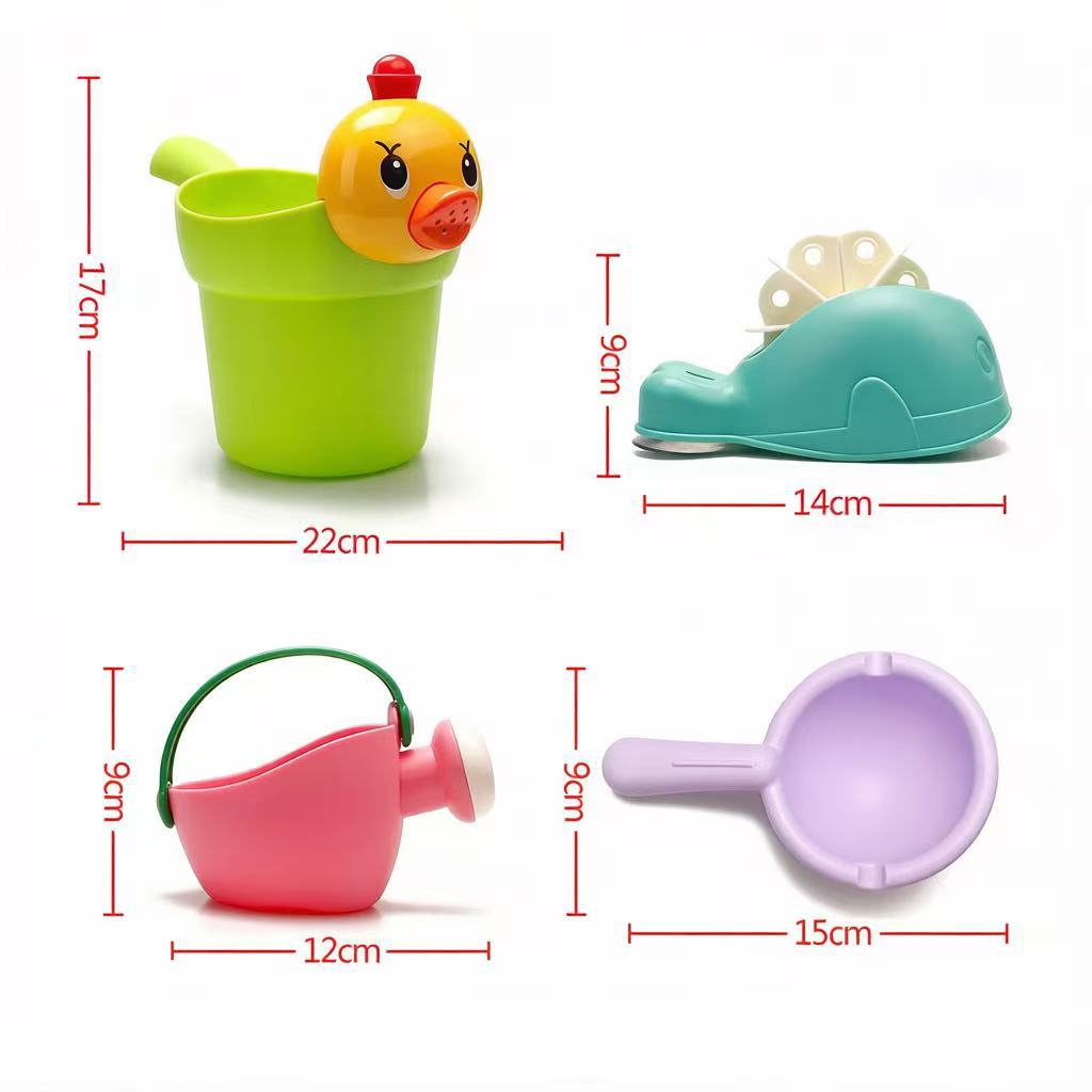 Little Bear Children's Bathing and Water Play 4-Piece Set: Shower Sprayer, Soft Rubber Water Bottle Set, Beach Bucket Toy